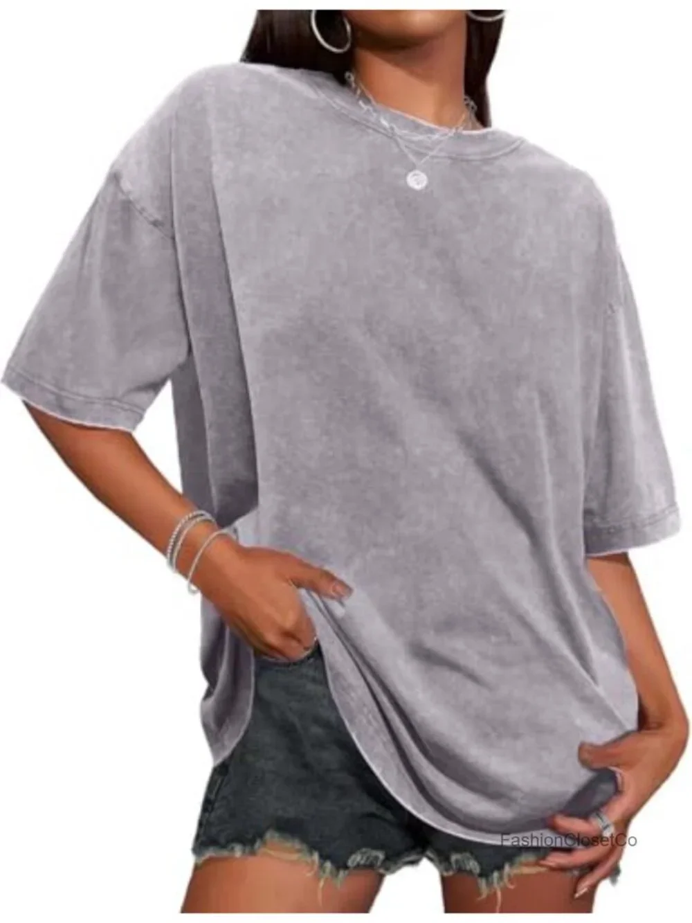 Oversized Women's Vintage Washed Cotton Crewneck Tee - Boxy Fit, Short Sleeve - Picture 1 of 6